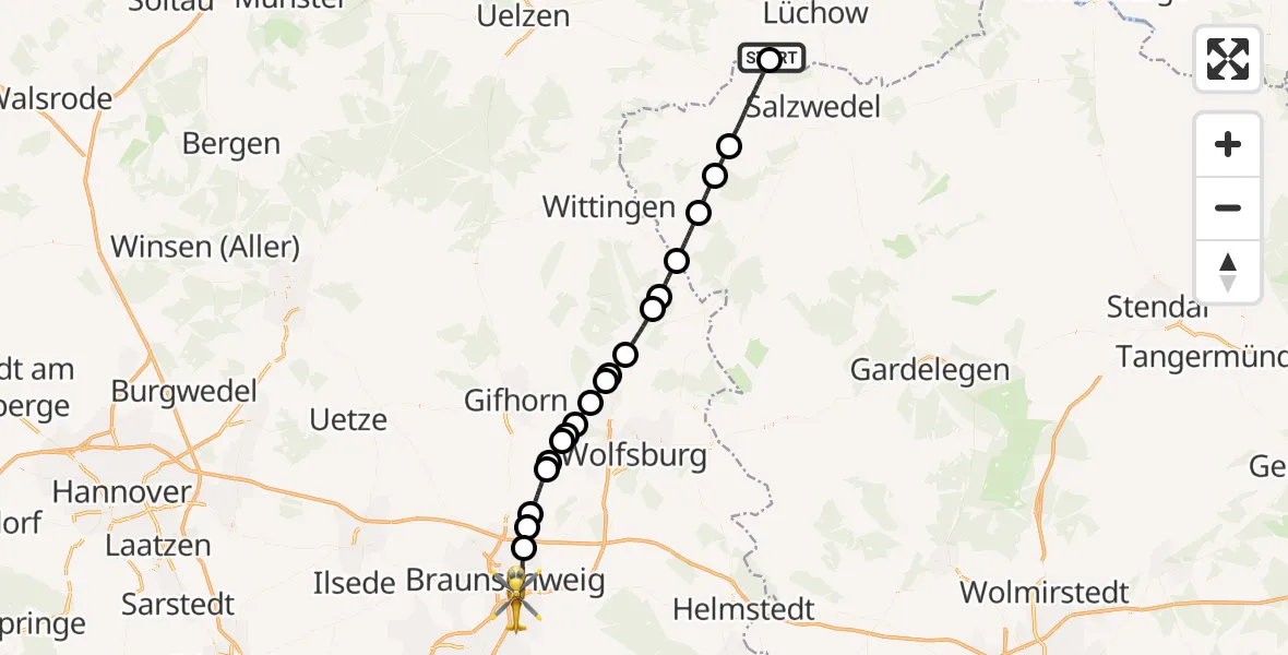 Flugroute Rettungshubschrauber Luckau (Wendland) - Braunschweig, 15 September 2026, 07:05