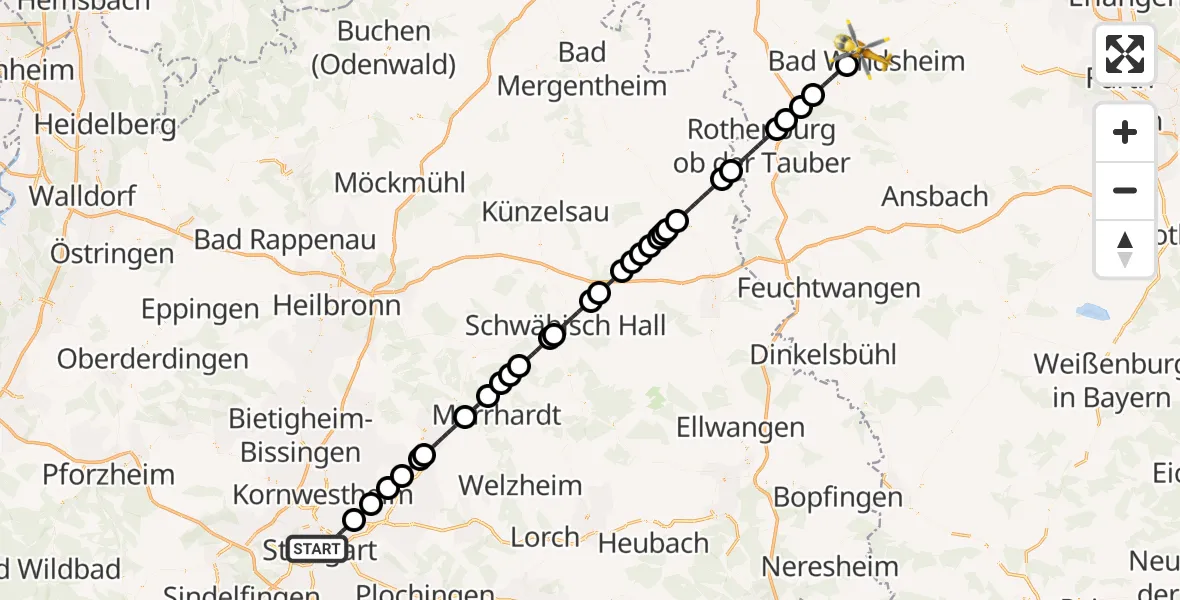 Flugroute Rettungshubschrauber Stuttgart - Bad Windsheim, 15 September 2026, 07:08