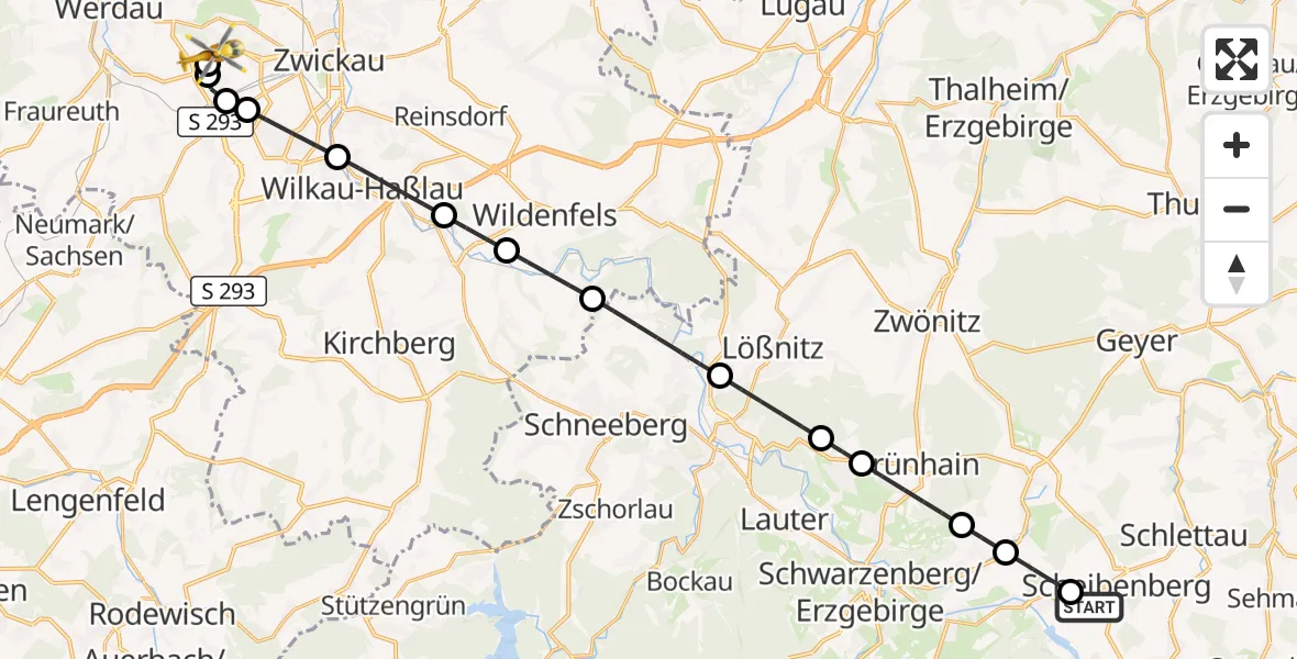 Flugroute Rettungshubschrauber Scheibenberg - ADAC Air Rescue Station Zwickau Hubschrauberlandeplatz, 15 September 2026, 07:13
