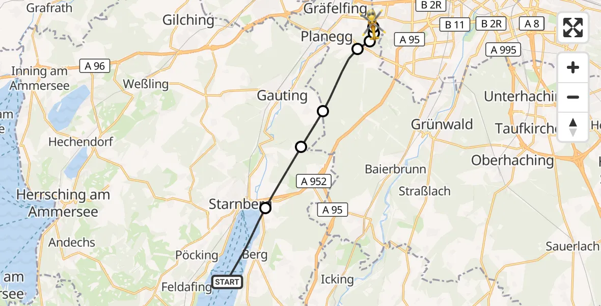 Flugroute Rettungshubschrauber Starnberger See - DRF Air Rescue München Hubschrauberlandeplatz, 15 September 2026, 07:42