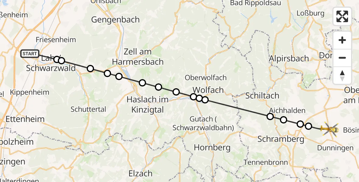 Flugroute Rettungshubschrauber Lahr/Schwarzwald - Dunningen, 15 September 2026, 07:50