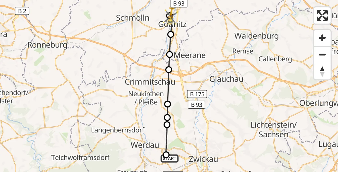 Flugroute Rettungshubschrauber ADAC Air Rescue Station Zwickau Hubschrauberlandeplatz - Nobitz, 15 September 2026, 07:52