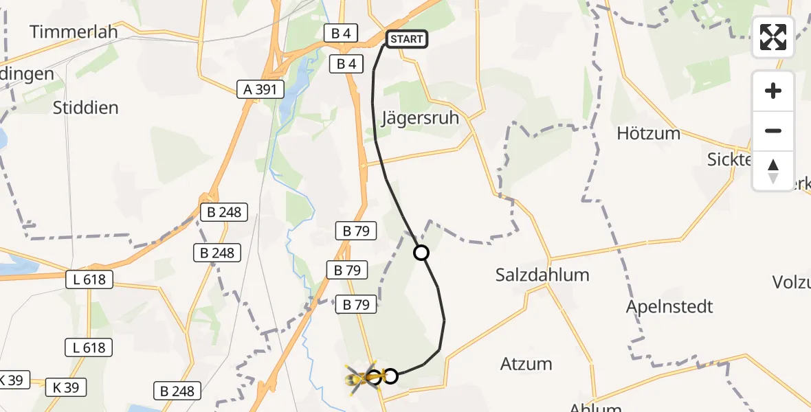 Flugroute Rettungshubschrauber Braunschweig - Wolfenbüttel Municipal Hospital Heliport (Christoph 30), 15 September 2026, 07:57