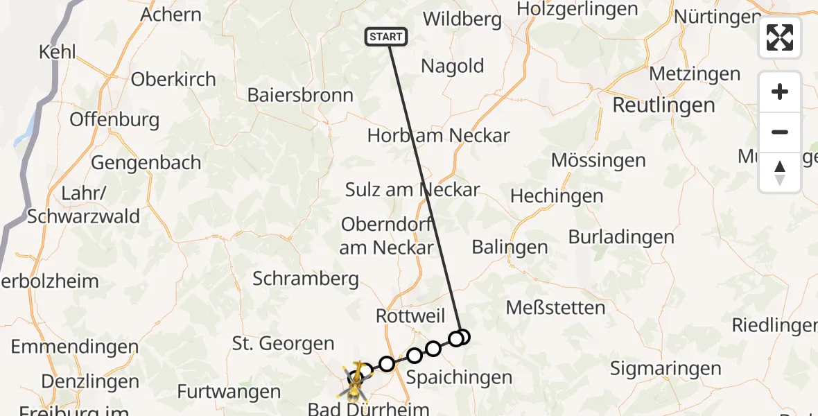 Flugroute Ambulanzhubschrauber Altensteig - DRF Air Rescue Station Villingen-Schwenningen Hubschrauberlandeplatz (Christoph 11), 15 September 2026, 08:05