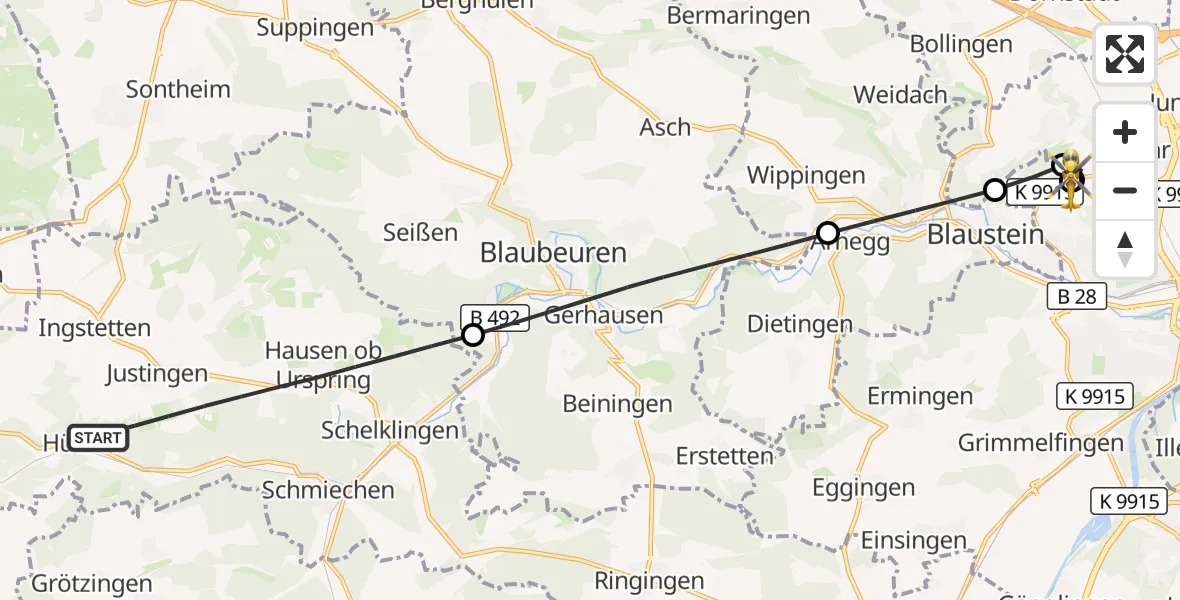Flugroute Rettungshubschrauber Schelklingen - ADAC Air Rescue Station Ulm (Christoph 22), 15 September 2026, 08:14