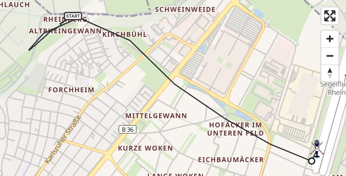 Flugroute Polizeihubschrauber Rheinstetten - Rheinstetten Gleiter Flugfeld, 15 September 2026, 08:15