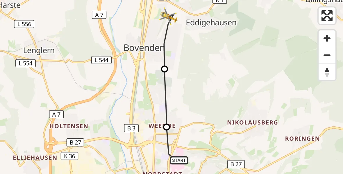 Flugroute Rettungshubschrauber Göttingen University Clinic Hubschrauberlandeplatz - Bovenden, 15 September 2026, 08:17