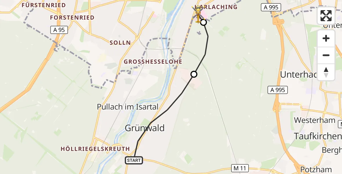 Flugroute Rettungshubschrauber Grünwald - ADAC Air Rescue Center Hubschrauberlandeplatz (Christoph 1), 15 September 2026, 08:18
