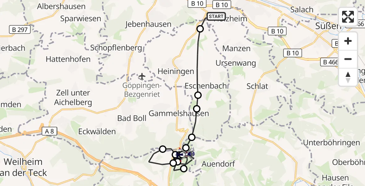 Flugroute Polizeihubschrauber Göppingen - Gruibingen-Nortel Flugplatz, 15 September 2026, 08:21
