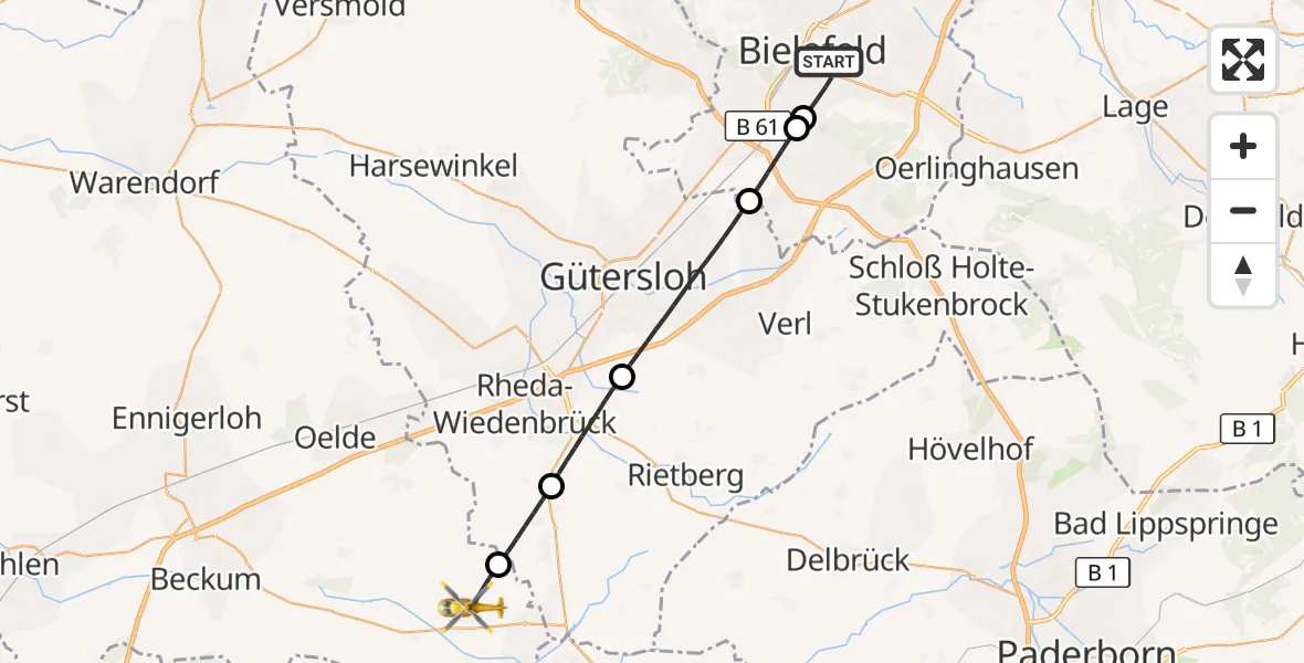 Flugroute Rettungshubschrauber Bielefeld - Wadersloh, 15 September 2026, 08:22
