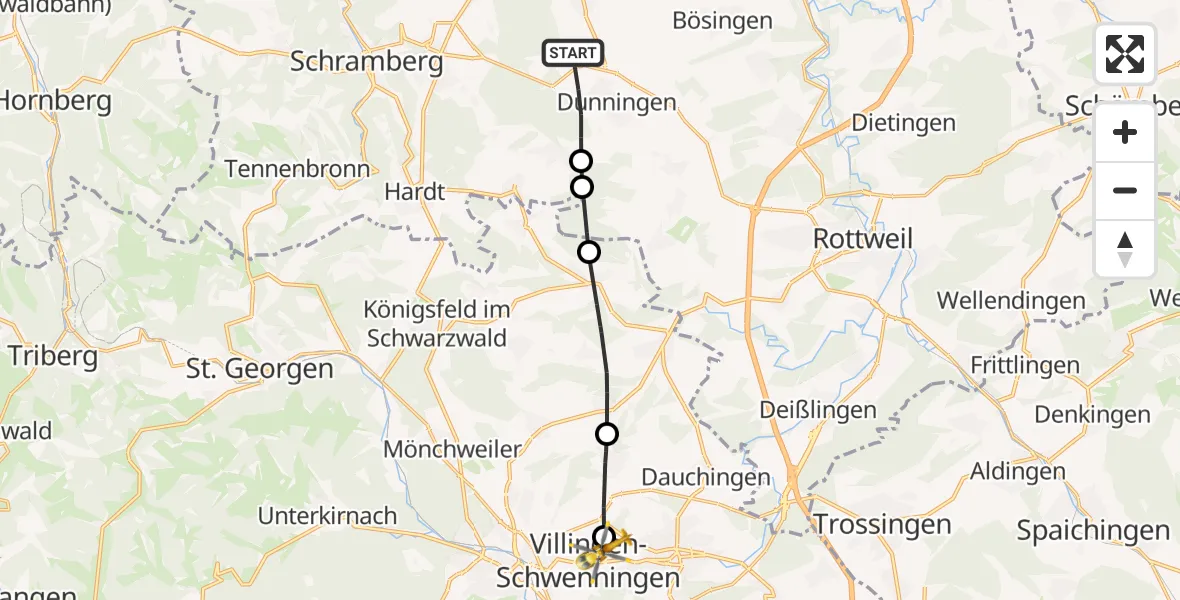 Flugroute Rettungshubschrauber Dunningen - DRF Air Rescue Station Villingen-Schwenningen Hubschrauberlandeplatz (Christoph 11), 15 September 2026, 08:25