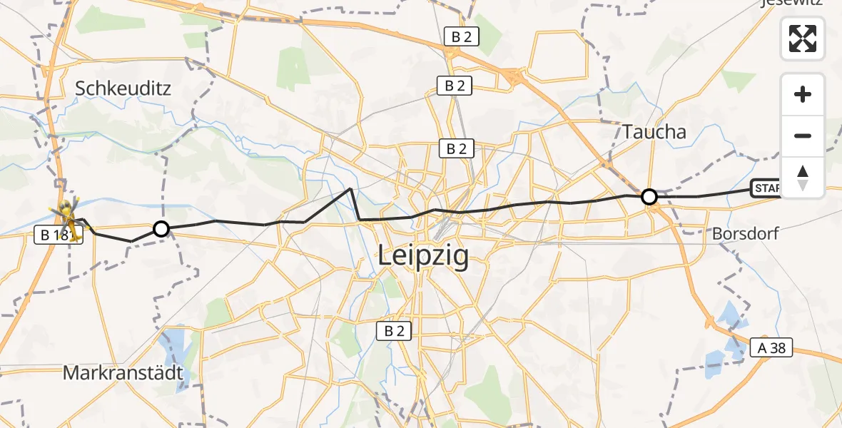 Flugroute Rettungshubschrauber Borsdorf - ADAC Air Rescue Station Leipzig/Schkeuditz-Dölzig Hubschrauberlandeplatz (Christoph 61), 15 September 2026, 08:28