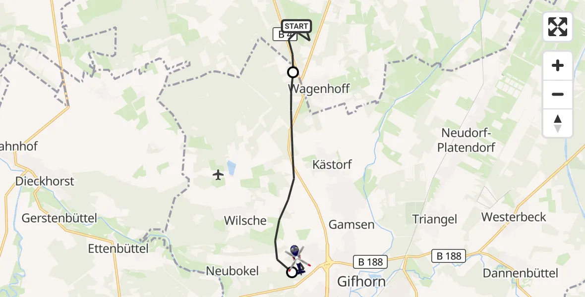 Flugroute Polizeihubschrauber Wesendorf - Gifhorn Bundespolizei Hubschrauberlandeplatz, 15 September 2026, 08:30