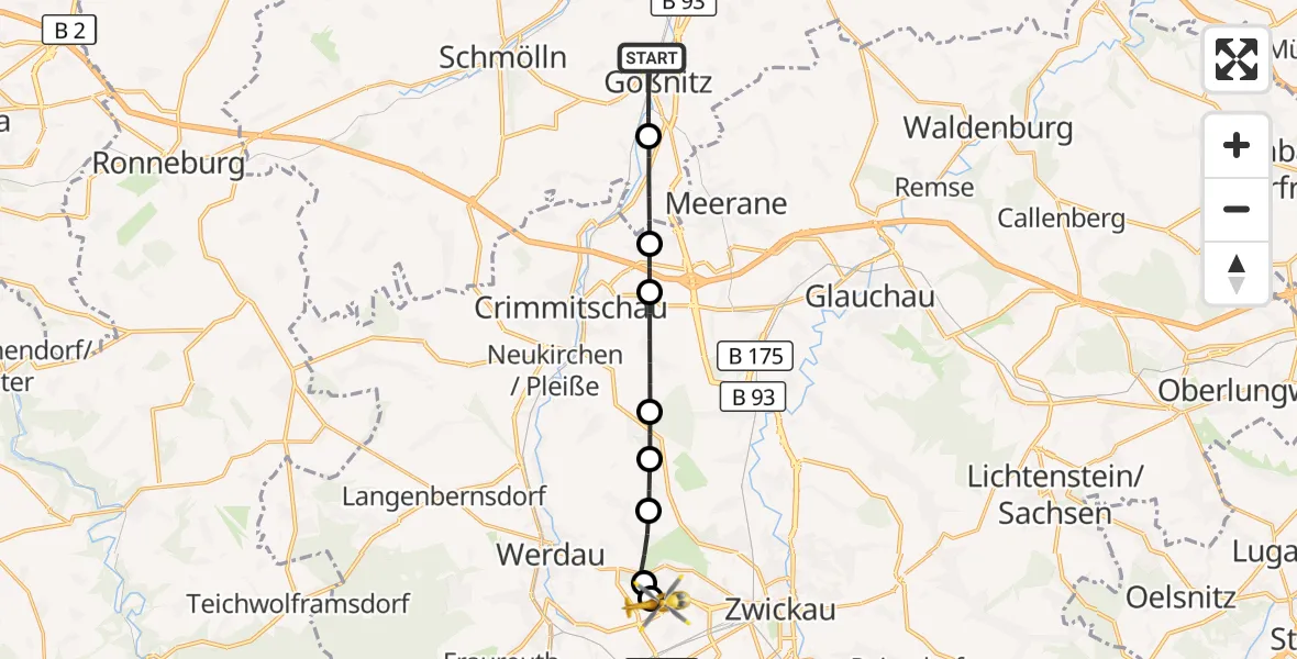 Flugroute Rettungshubschrauber Gößnitz - ADAC Air Rescue Station Zwickau Hubschrauberlandeplatz, 15 September 2026, 08:32