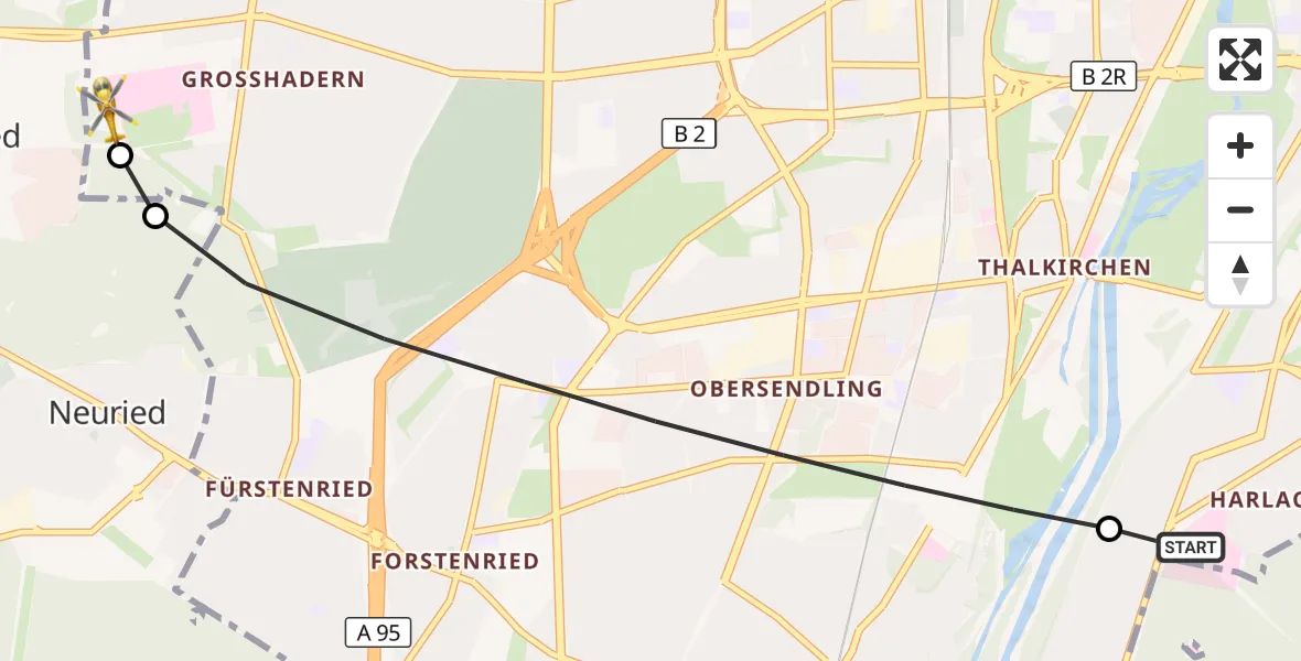 Flugroute Rettungshubschrauber ADAC Air Rescue Center Hubschrauberlandeplatz (Christoph 1) - DRF Air Rescue München Hubschrauberlandeplatz, 15 September 2026, 08:37