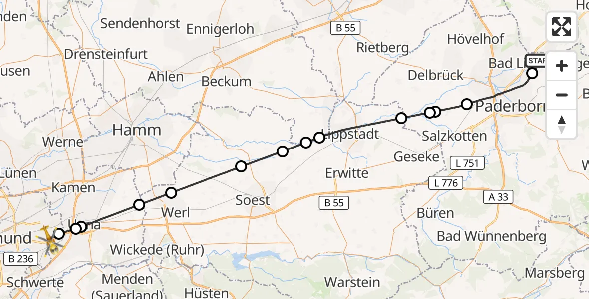 Flugroute Rettungshubschrauber Bad Lippspringe - Dortmund Flughafen, 15 September 2026, 08:44