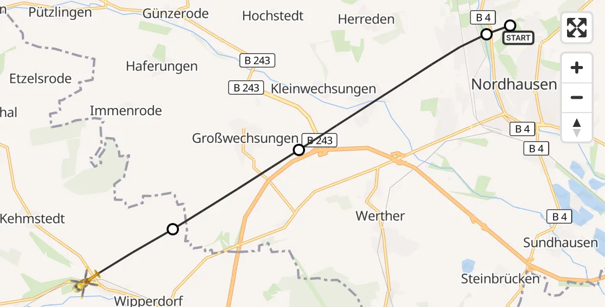 Flugroute Rettungshubschrauber Südharz Hospital Nordhausen - Bleicherode, 15 September 2026, 08:47
