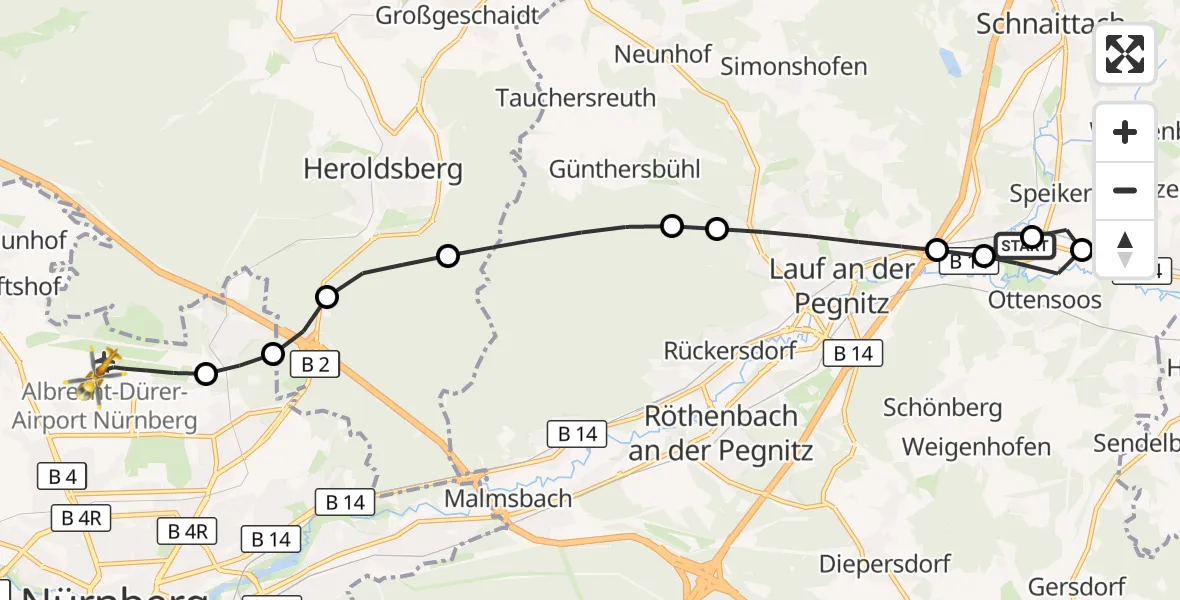 Flugroute Ambulanzhubschrauber Ottensoos - Flughafen Nuremberg, 15 September 2026, 08:51