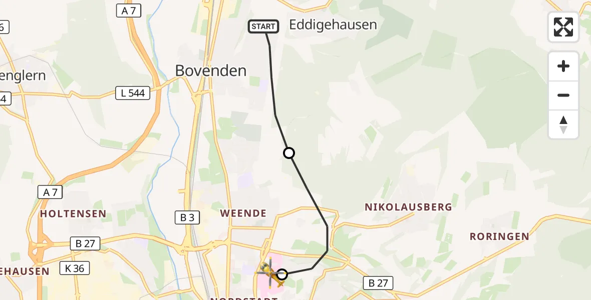 Flugroute Rettungshubschrauber Bovenden - Göttingen University Clinic Hubschrauberlandeplatz, 15 September 2026, 08:52