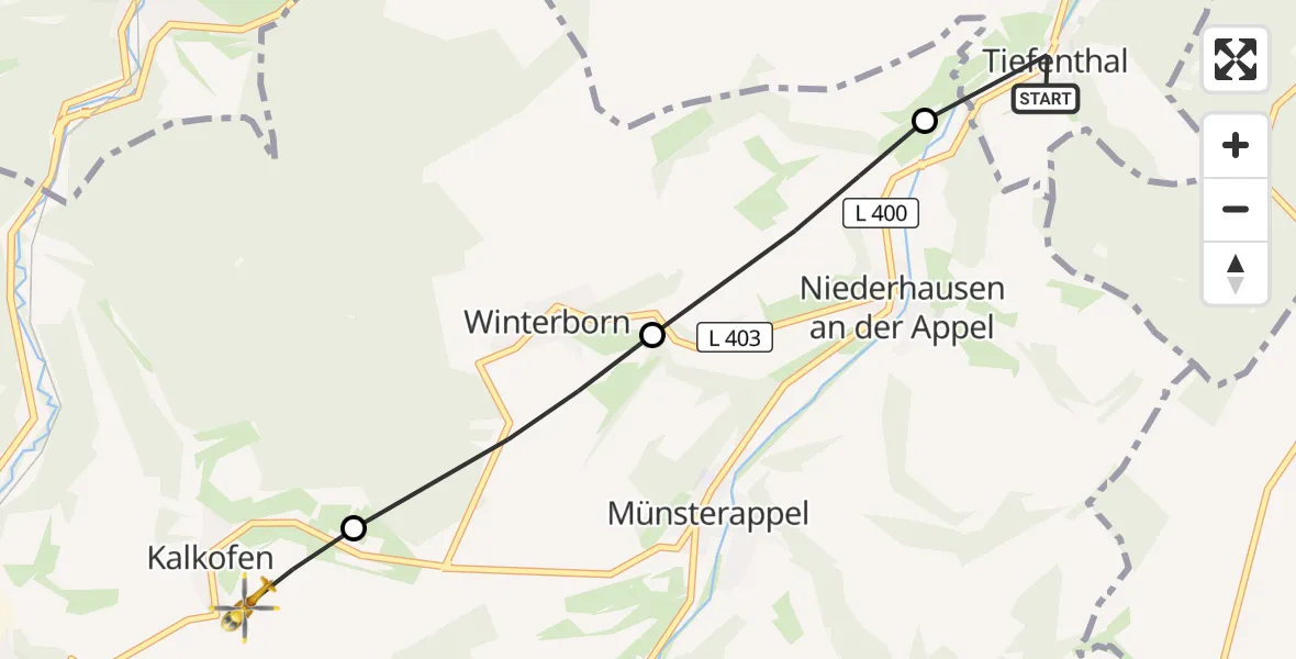 Flugroute Rettungshubschrauber Tiefenthal - Kalkofen, 15 September 2026, 08:53
