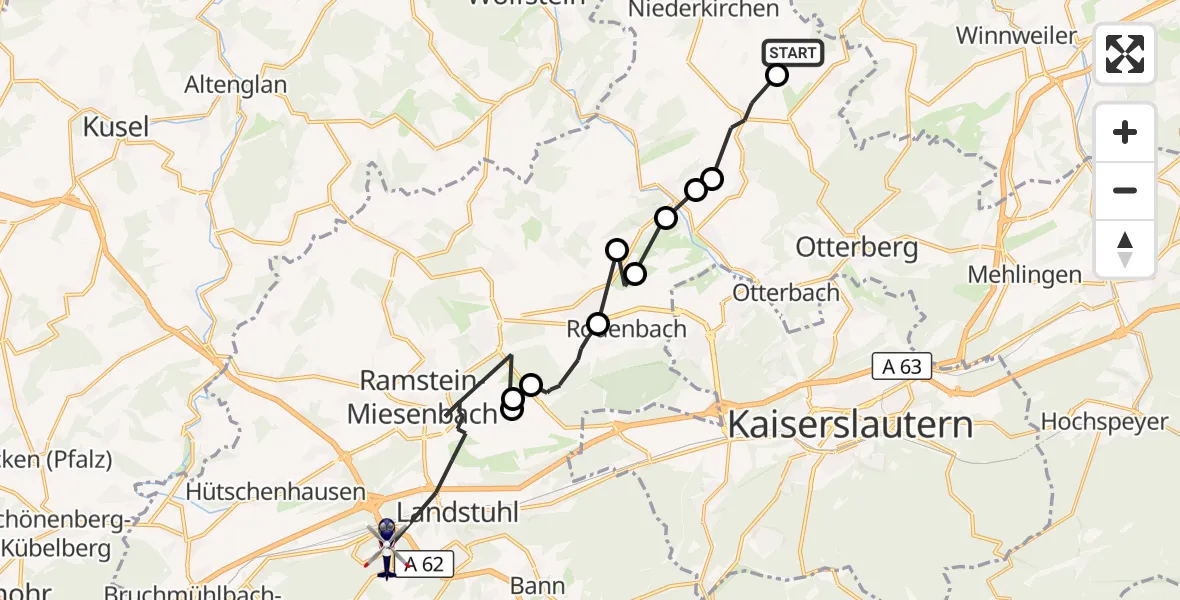 Flugroute Polizeihubschrauber Heiligenmoschel - Hubschrauberlandeplatz Landstuhl, 15 September 2026, 08:56