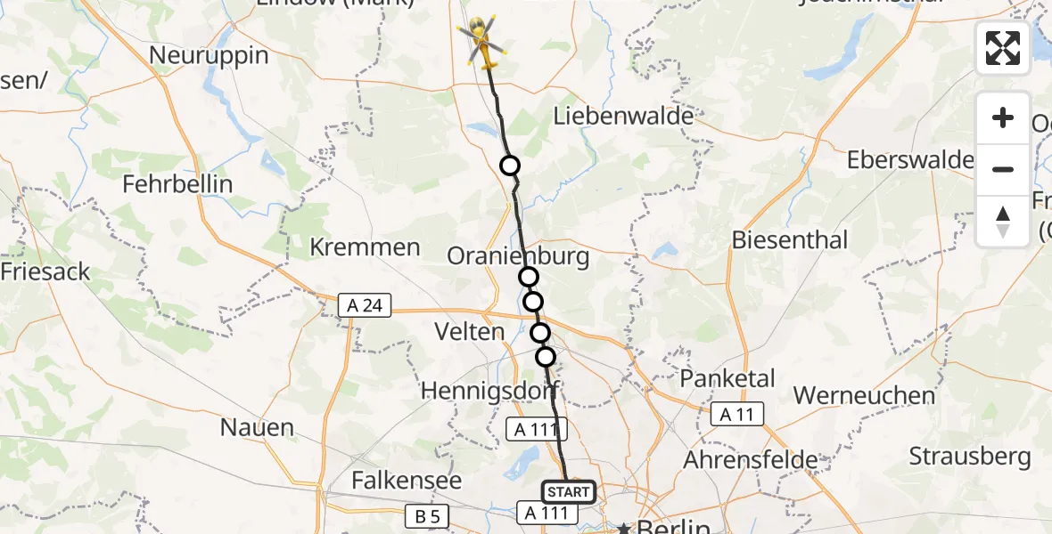 Flugroute Rettungshubschrauber Berlin - Löwenberger Land, 15 September 2026, 09:03