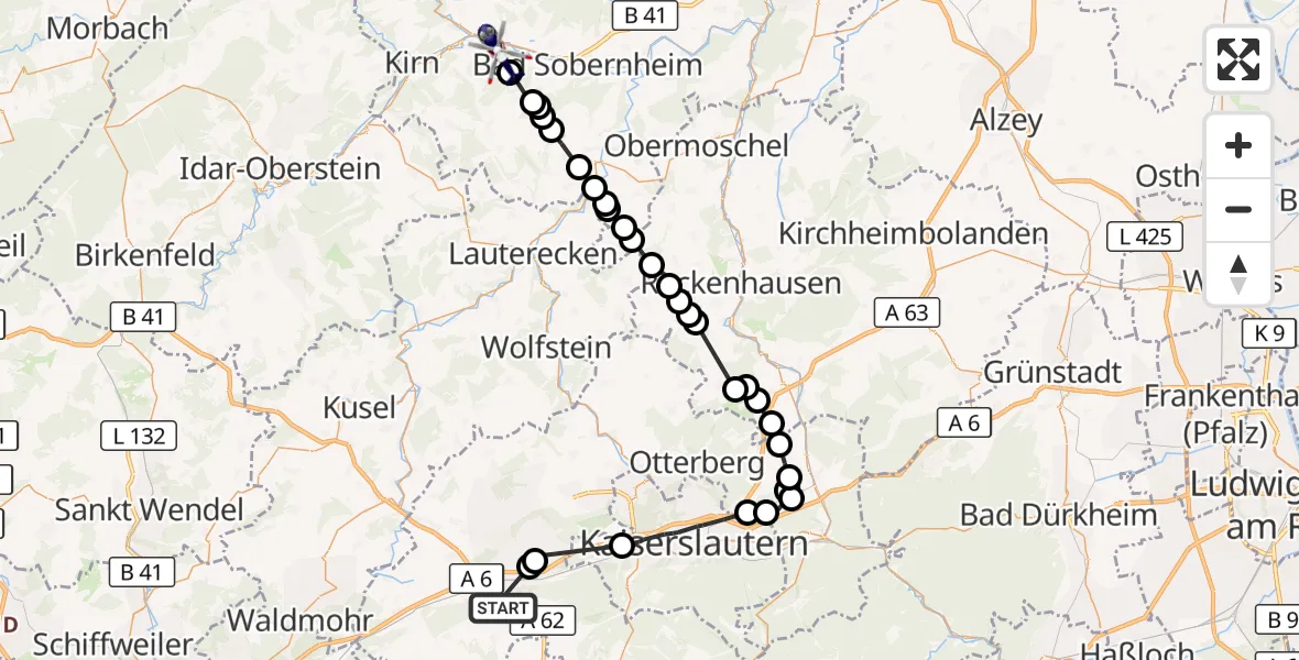 Flugroute Polizeihubschrauber Hubschrauberlandeplatz Landstuhl Regional Medical Center - Merxheim, 15 September 2026, 09:09