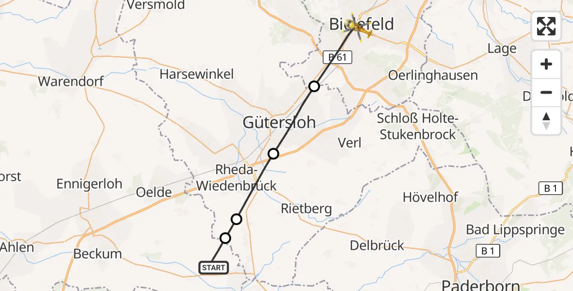 Flugroute Rettungshubschrauber Wadersloh - Bielefeld, 15 September 2026, 09:15