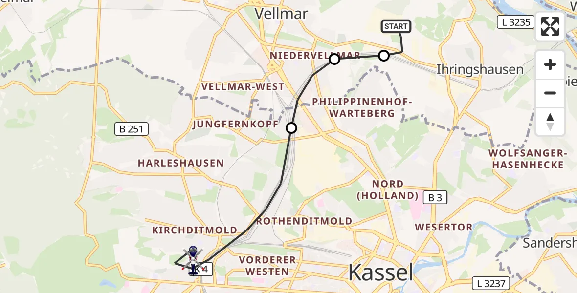 Flugroute Polizeihubschrauber Fuldatal Bundespolizei Hubschrauberlandeplatz - Kassel, 15 September 2026, 09:26