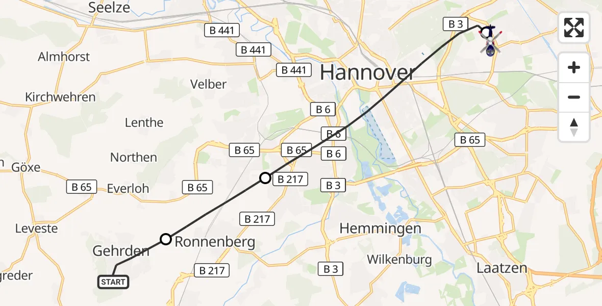 Flugroute Polizeihubschrauber Gehrden - Hannover Luftrettung Hubschrauberlandeplatz (Christoph 4), 15 September 2026, 09:29