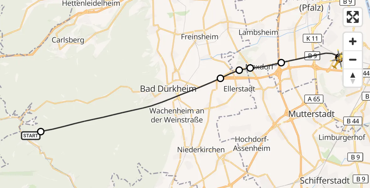 Flugroute Rettungshubschrauber Weidenthal - Ludwigshafen Accident Hospital, 15 September 2026, 09:33