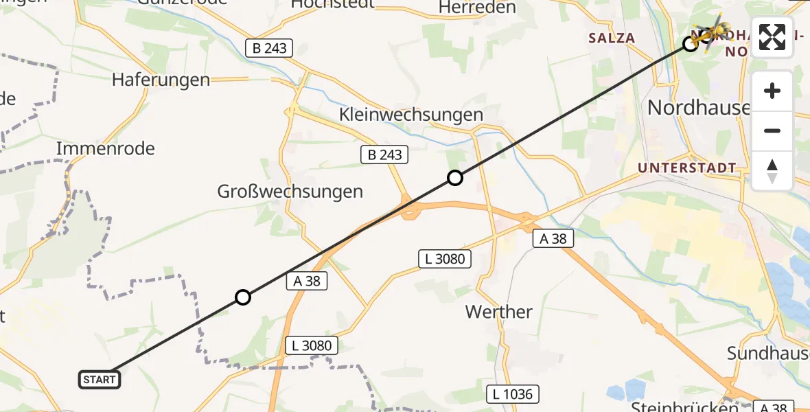 Flugroute Rettungshubschrauber Bleicherode - Südharz Hospital Nordhausen, 15 September 2026, 09:34