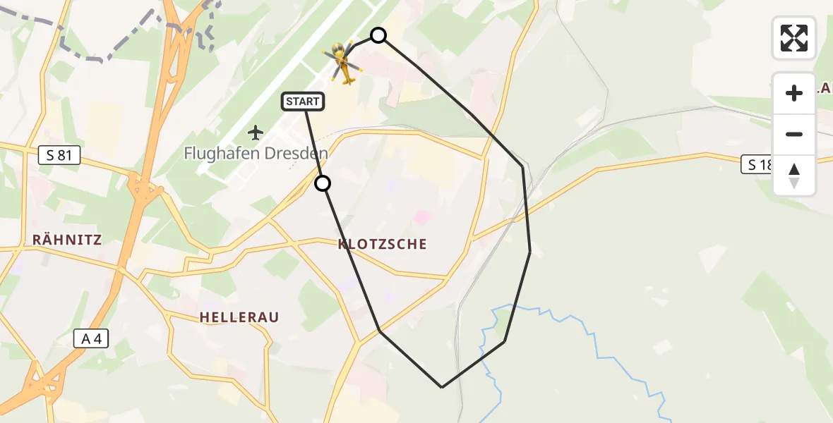 Flugroute Rettungshubschrauber Dresden Flughafen - Dresden Bundespolizei Hubschrauberlandeplatz, 15 September 2026, 09:46