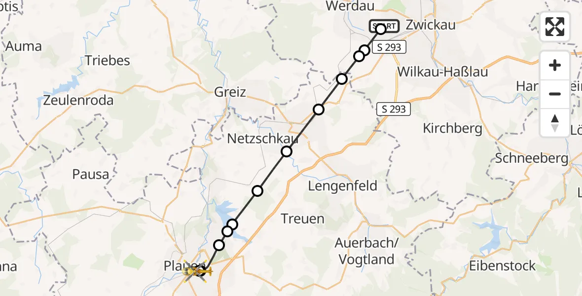 Flugroute Rettungshubschrauber ADAC Air Rescue Station Zwickau Hubschrauberlandeplatz - Helios Clinic Plauen, 15 September 2026, 09:59