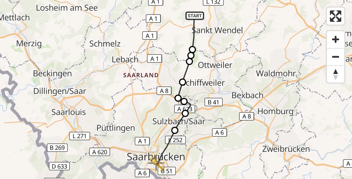 Flugroute Rettungshubschrauber St. Wendel - Saarbrücken, 15 September 2026, 10:00