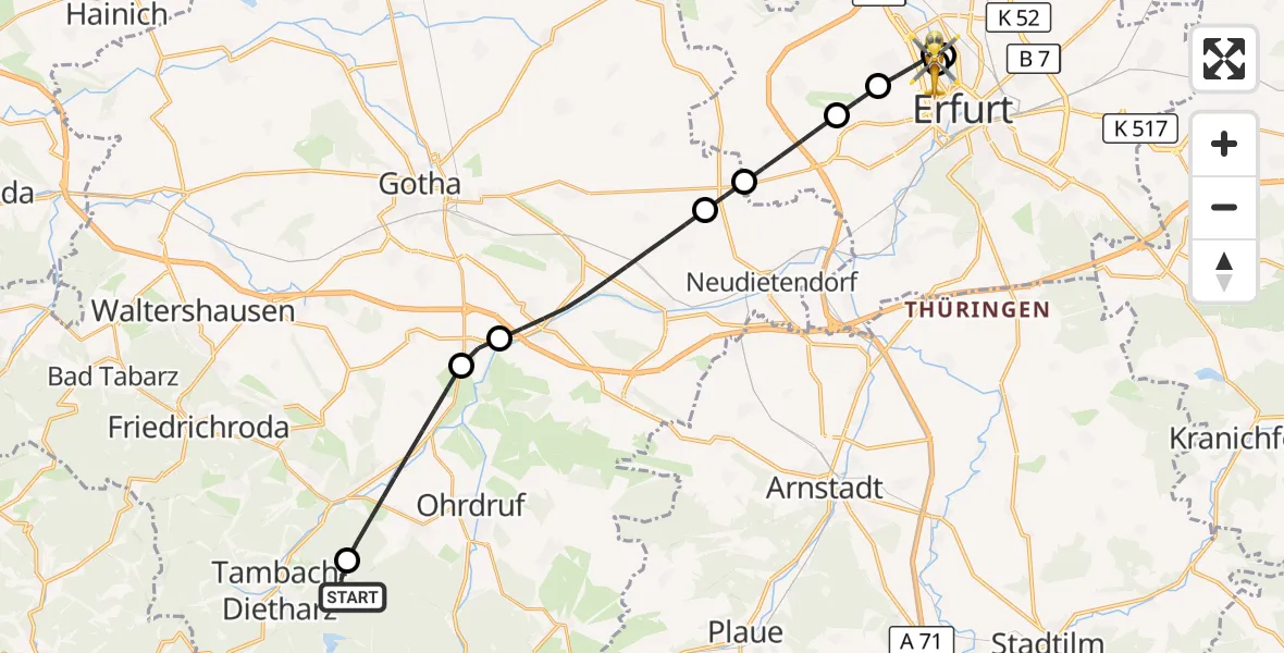 Flugroute Rettungshubschrauber Ohrdruf - Helios Clinic Erfurt, 15 September 2026, 10:03