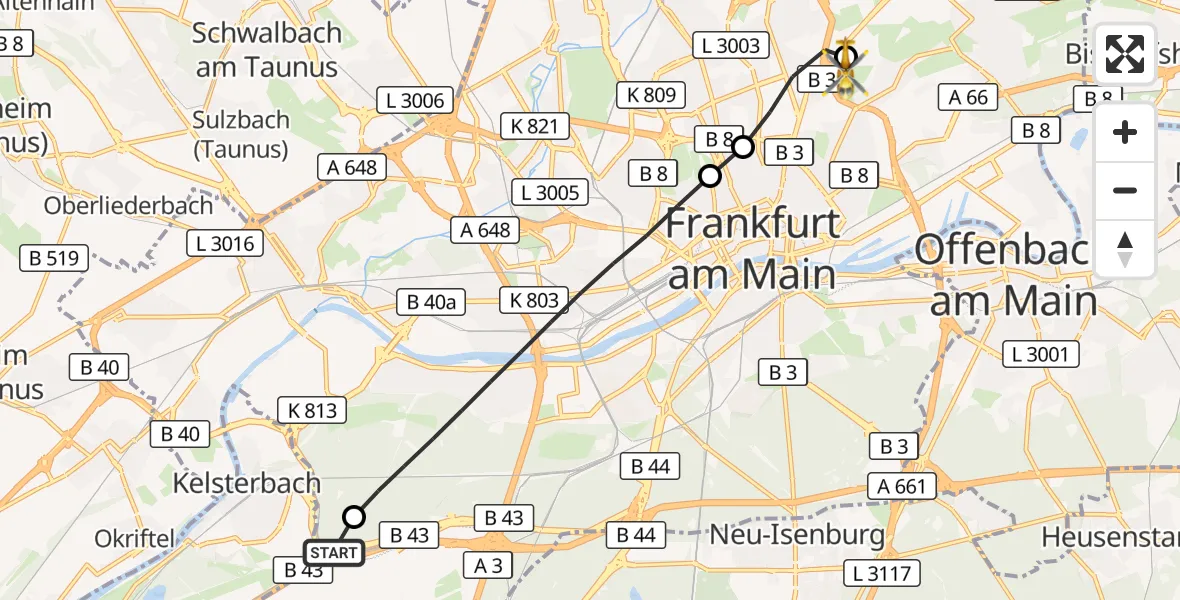 Flugroute Rettungshubschrauber Frankfurt Flughafen - Frankfurt am Main Accident Hospital Roof Helipad (CHX2), 15 September 2026, 10:13