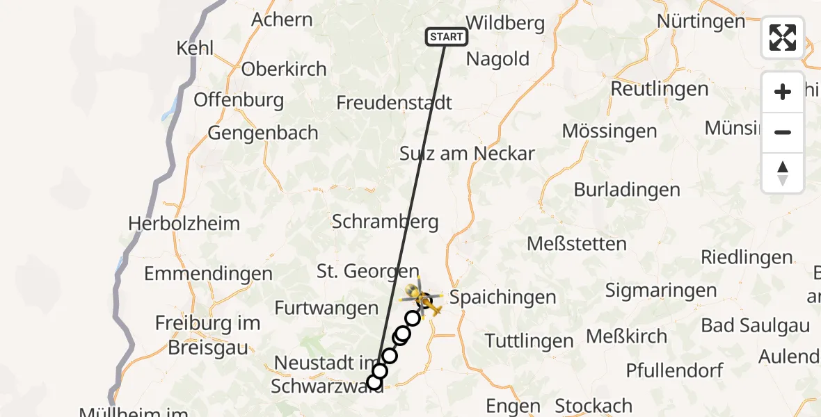 Flugroute Ambulanzhubschrauber Altensteig - DRF Air Rescue Station Villingen-Schwenningen Hubschrauberlandeplatz (Christoph 11), 15 September 2026, 10:27