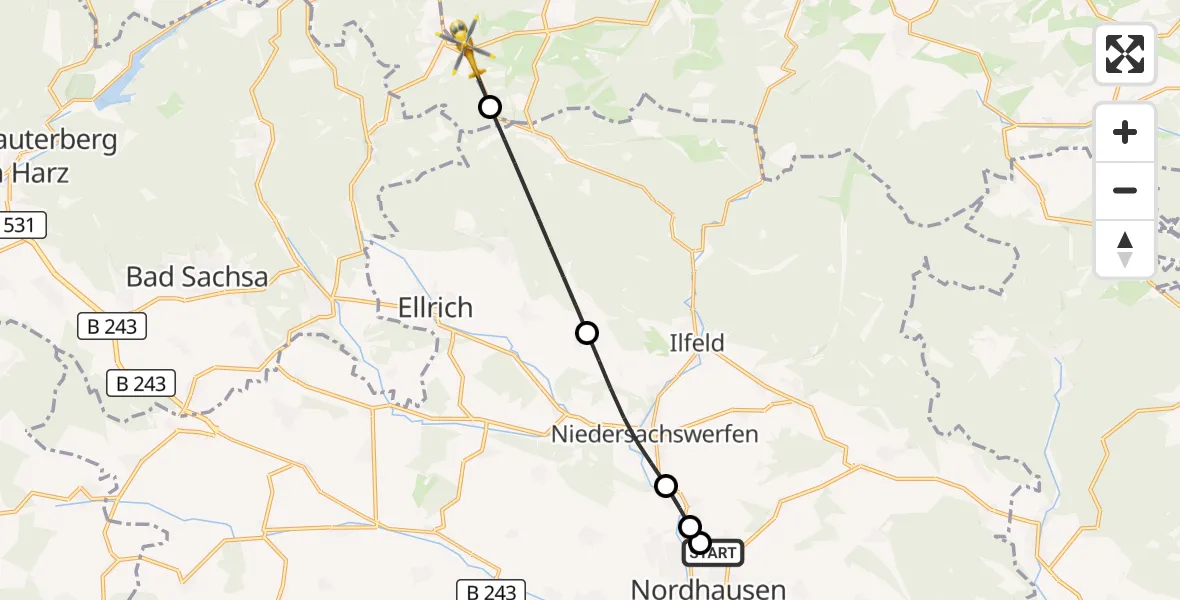 Flugroute Rettungshubschrauber Südharz Hospital Nordhausen - Braunlage, 15 September 2026, 10:33