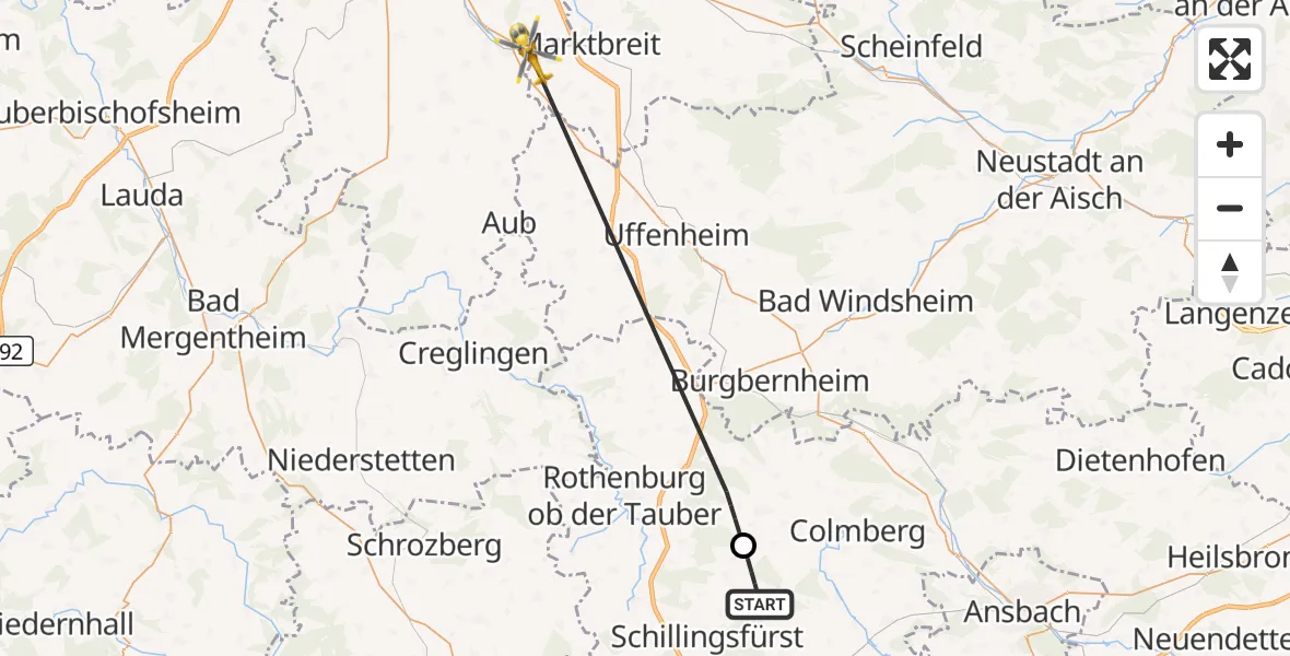 Flugroute Rettungshubschrauber Buch a.Wald - Ochsenfurt Hospital, 15 September 2026, 10:36