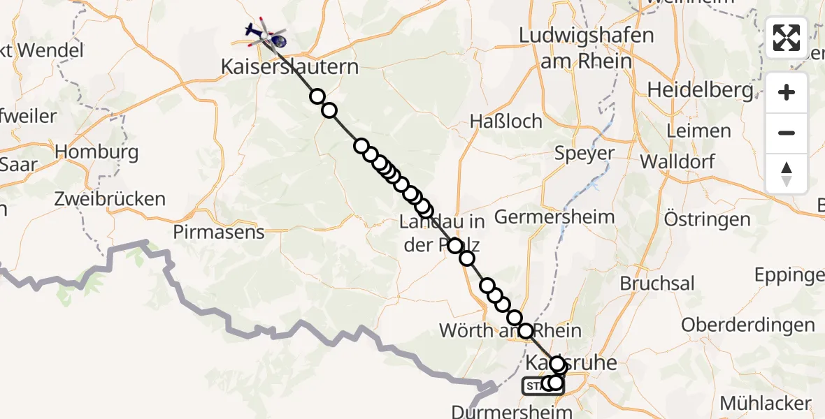 Flugroute Polizeihubschrauber Rheinstetten Gleiter Flugfeld - Kaiserslautern, 15 September 2026, 10:47
