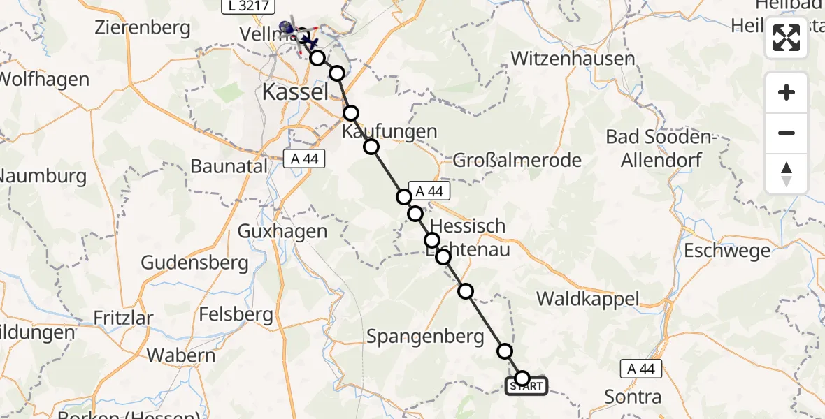 Flugroute Polizeihubschrauber Cornberg - Fuldatal Bundespolizei Hubschrauberlandeplatz, 15 September 2026, 10:47