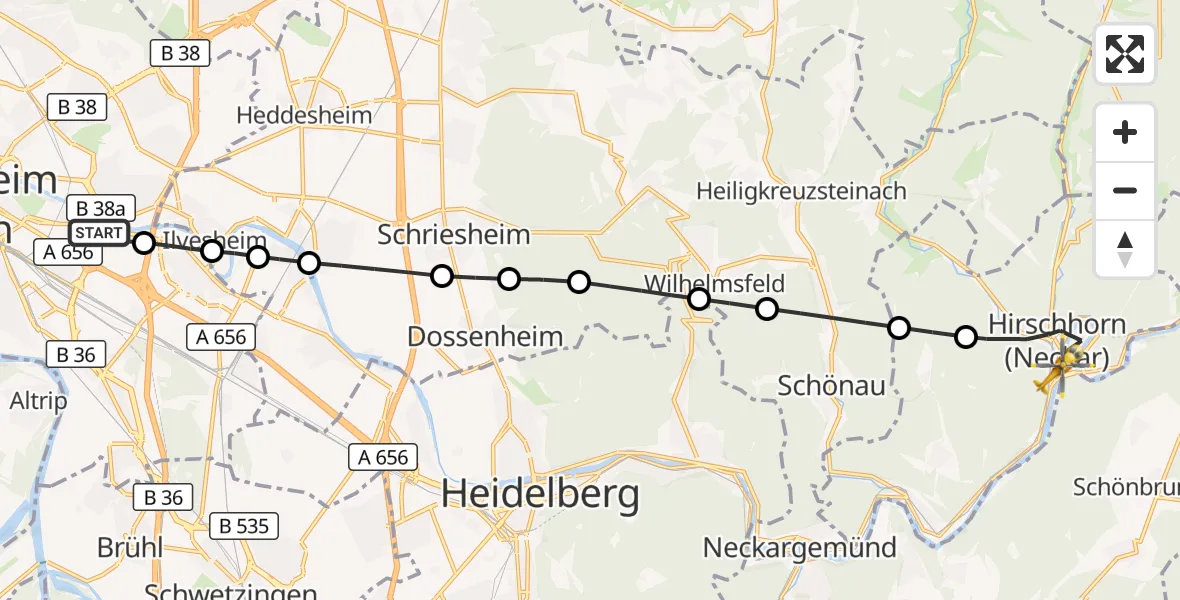 Flugroute Rettungshubschrauber Mannheim-City Flughafen - Hirschhorn (Neckar), 15 September 2026, 10:48