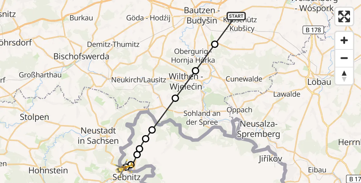 Flugroute Rettungshubschrauber Kubschütz - Saxon Switzerland Clinic Sebnitz Hubschrauberlandeplatz, 15 September 2026, 10:55