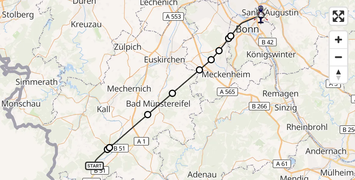 Flugroute Polizeihubschrauber Dahlem - Sankt Augustin, 15 September 2026, 11:23