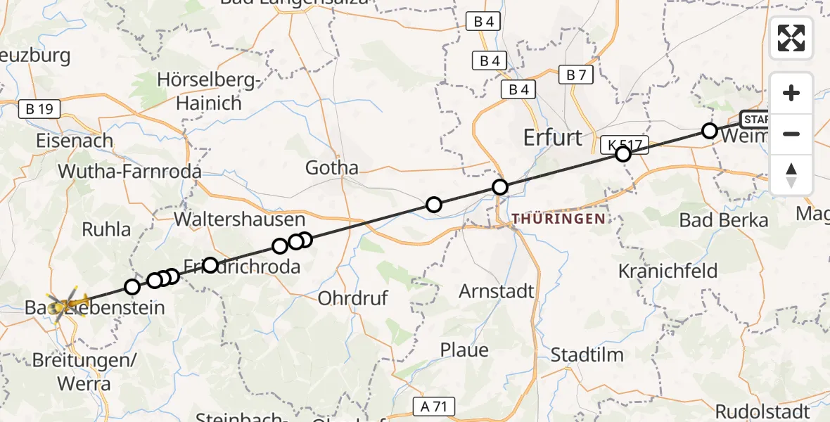 Flugroute Ambulanzhubschrauber Weimar - Bad Liebenstein, 15 September 2026, 11:25