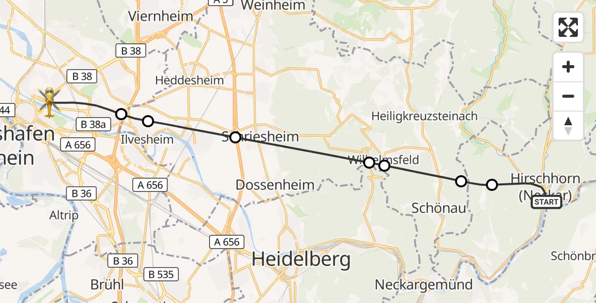 Flugroute Rettungshubschrauber Hirschhorn (Neckar) - Mannheim, 15 September 2026, 11:27