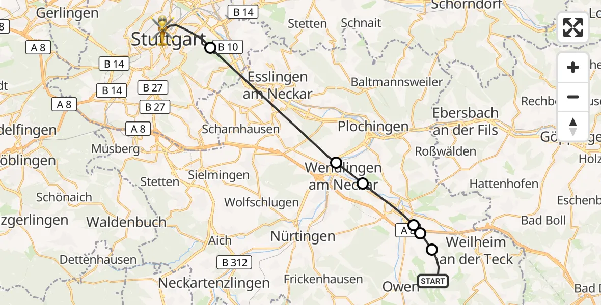 Flugroute Rettungshubschrauber Bissingen an der Teck - Stuttgart, 15 September 2026, 11:32