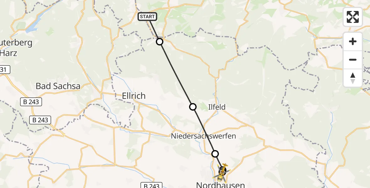 Flugroute Rettungshubschrauber Oberharz am Brocken - Südharz Hospital Nordhausen, 15 September 2026, 11:40