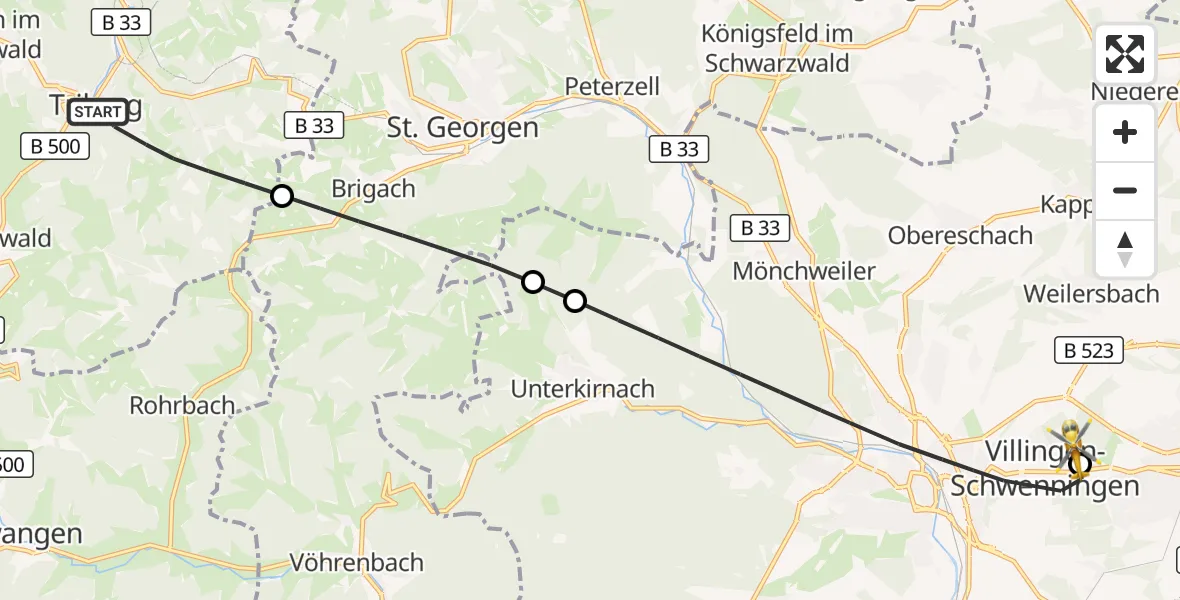 Flugroute Ambulanzhubschrauber Triberg im Schwarzwald - DRF Air Rescue Station Villingen-Schwenningen Hubschrauberlandeplatz (Christoph 11), 15 September 2026, 11:41